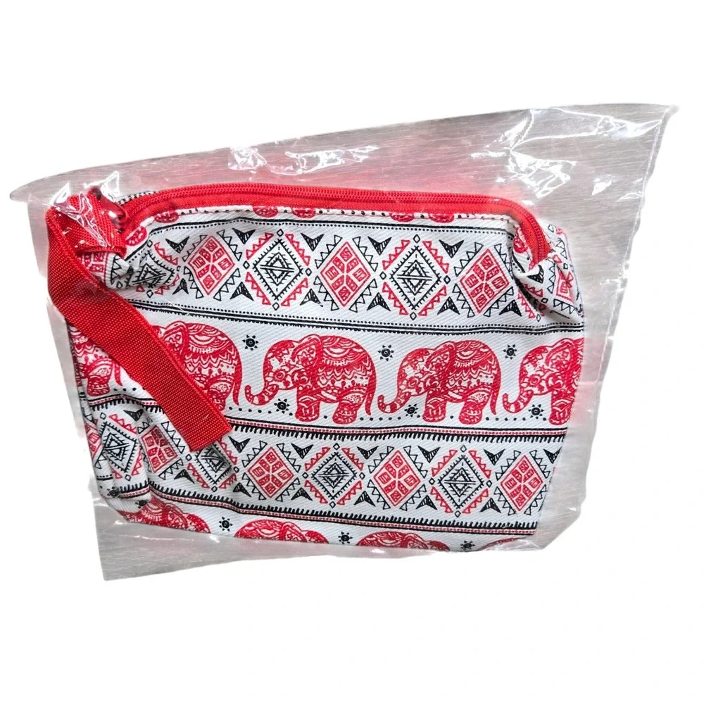 Boho Thai Elephant Print Zipper Pouch Cosmetic Makeup Bag Red White Thailand